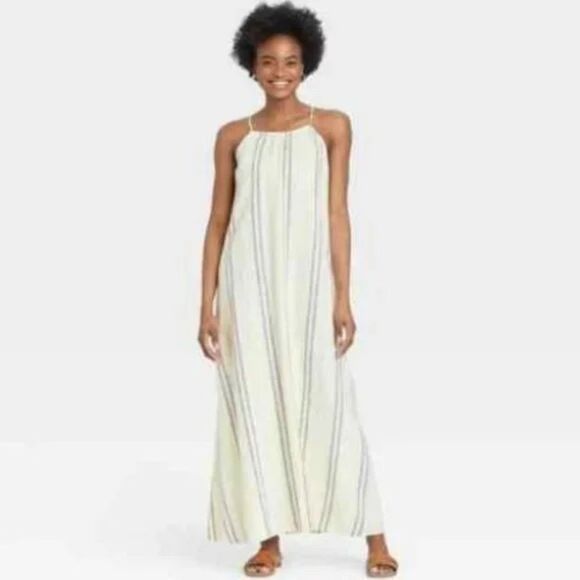 A New Day White Yellow Stripe Linen Maxi Dress - Picture 1 of 11